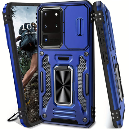 Samsung Galaxy Shockproof Magnetic Phone Case with 360° Rotating Ring Bracket & Sliding Lens Protector – Heavy Duty Cover for S24FE S23FE