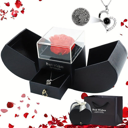 Preserved Real Rose Gift Box with I Love You in 100 Languages Necklace, Romantic Gifts for Girlfriend Wife Mom