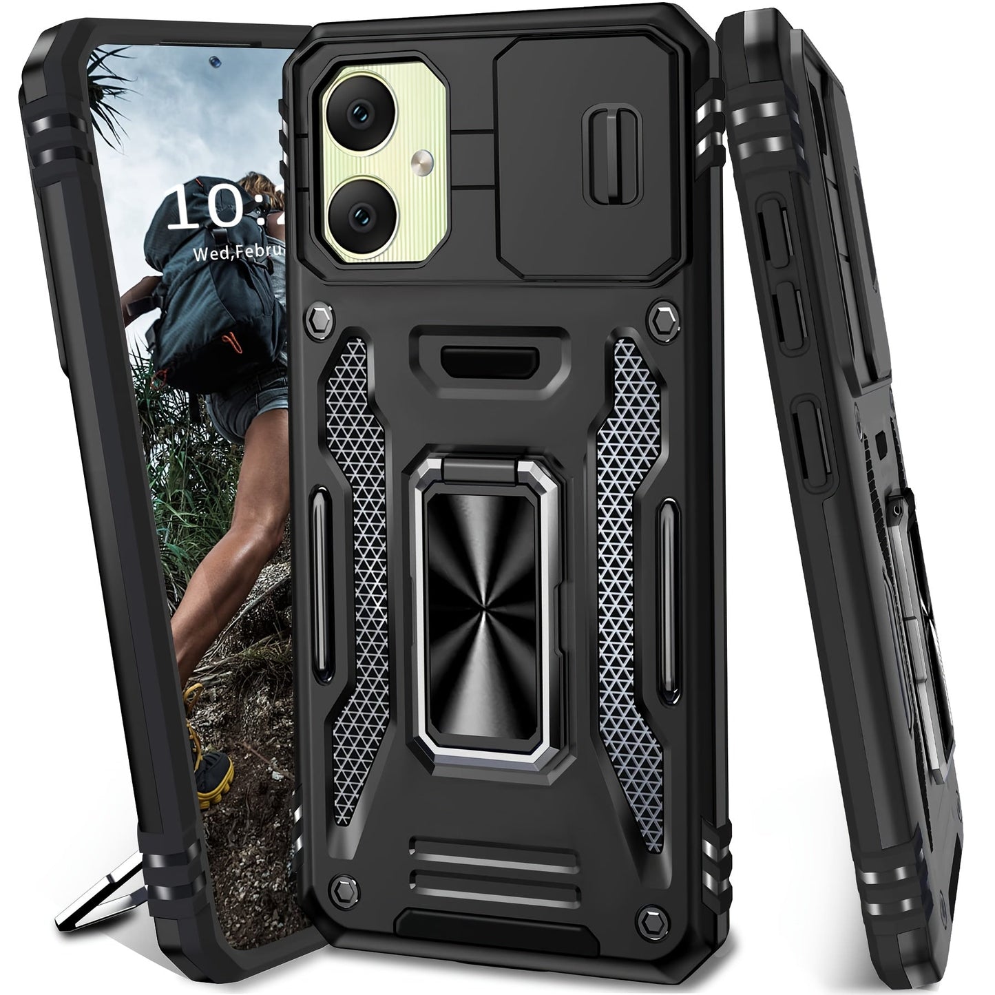 Samsung Galaxy Shockproof Magnetic Phone Case with 360° Rotating Ring Bracket & Sliding Lens Protector – Heavy Duty Cover for S24FE S23FE