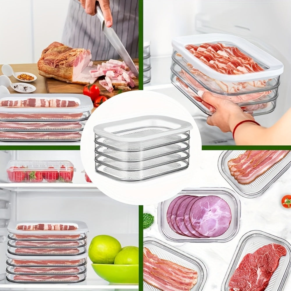 Food Storage Containers with Lids, Four-Tier Stainless Steel Refrigerator Tray Set with Clear Lids and Stacking Rims