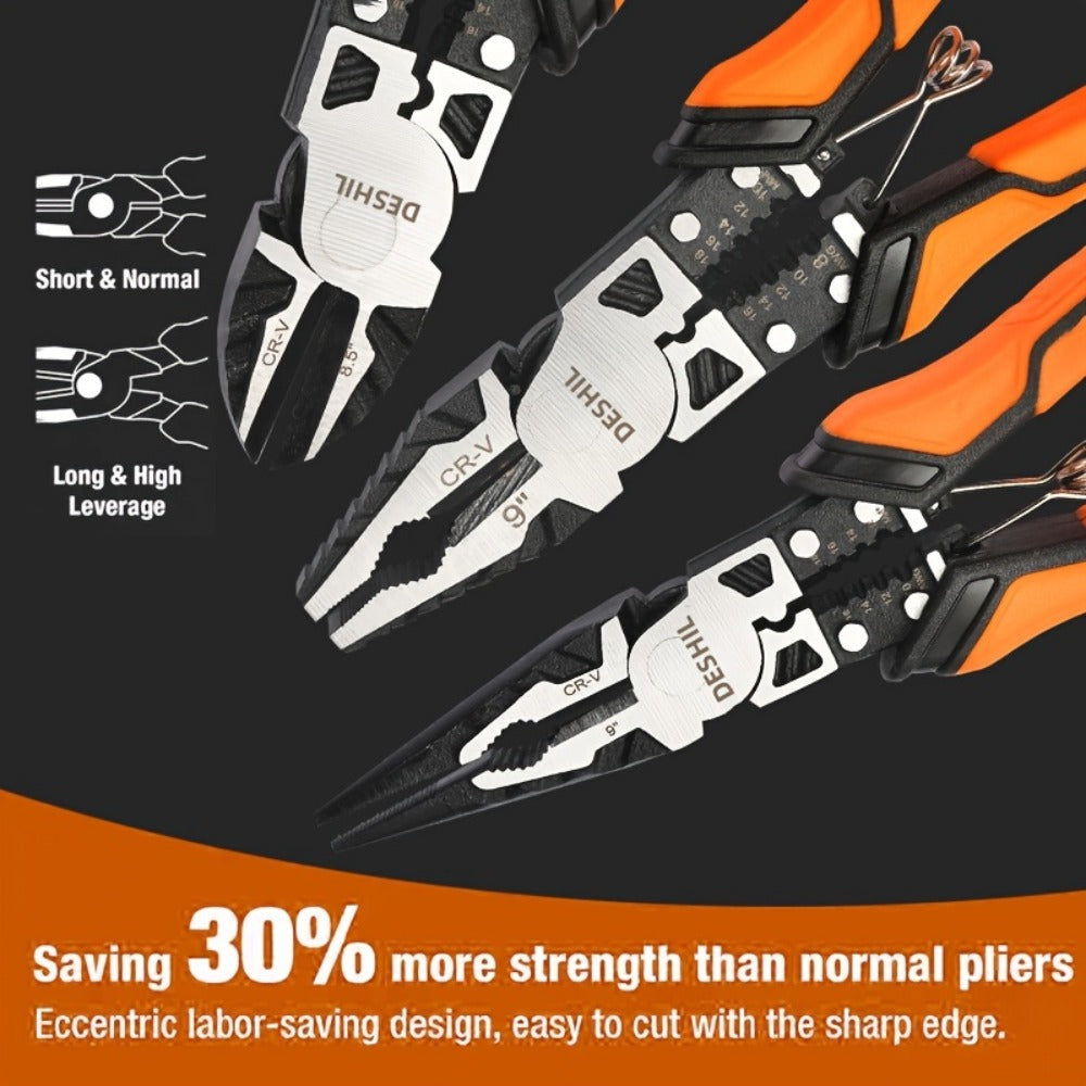 Pliers Set 9-in-1 Multi-Function Industrial Grade, 8.5" Lineman Pliers, 8.5" Long Nose Pliers, 8" Diagonal Side Cutters