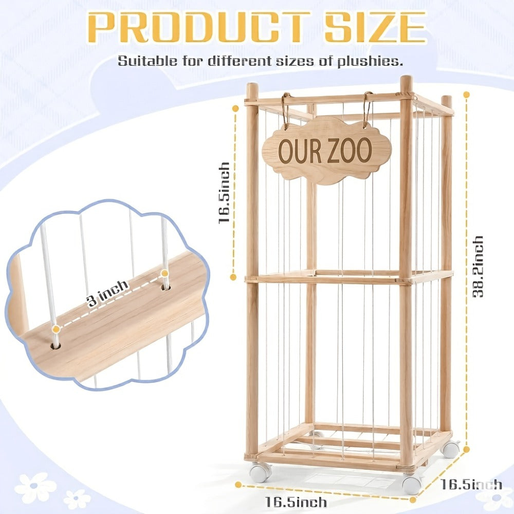 Stuffed Animal Storage Tower Wooden Zoo Cage Design Large Plush Toy Organizer Holder for Kids for Entryways, Bedrooms and Living Spaces