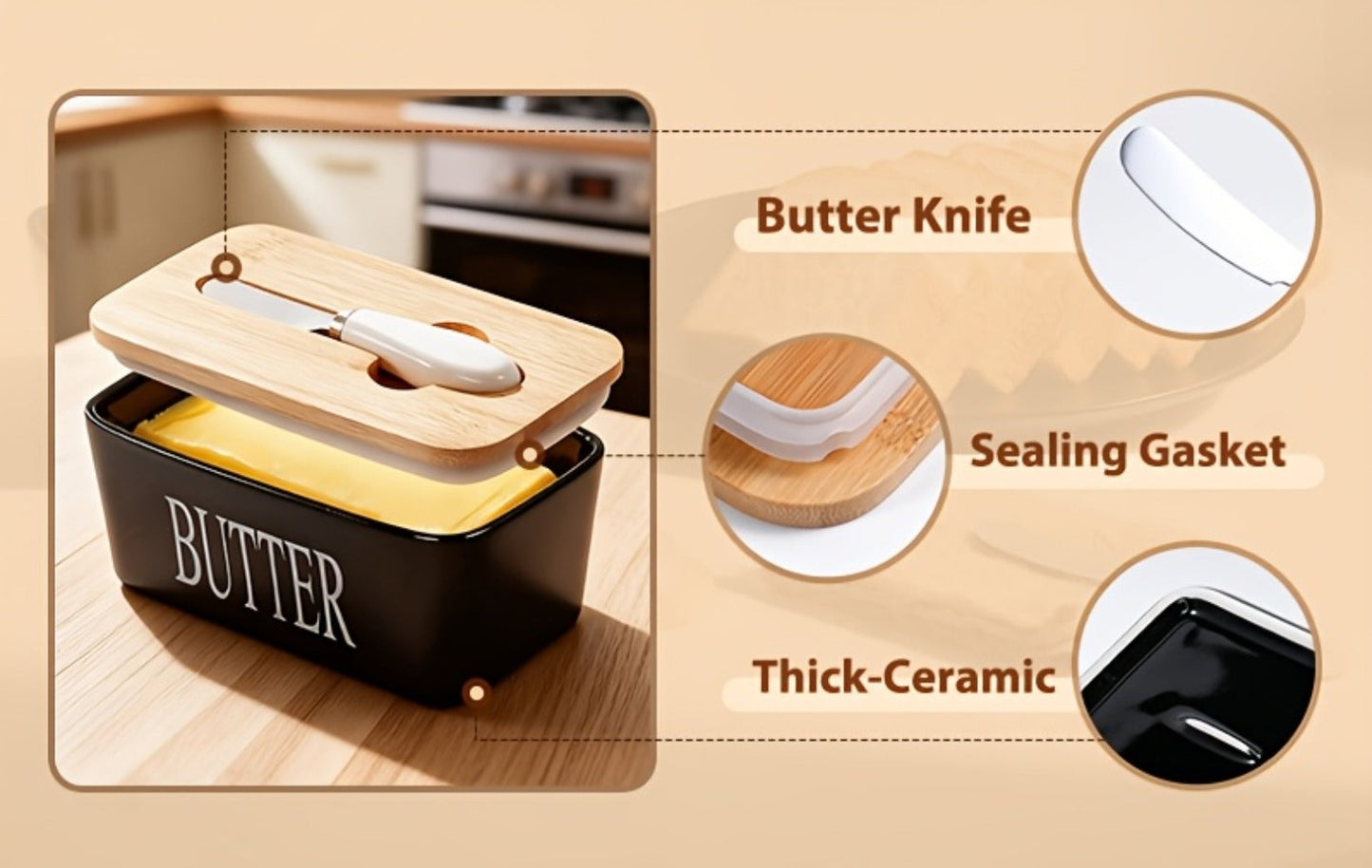 Ceramic Butter Dish with Lid and Knife, Large Countertop Butter Keeper, Airtight Seal, Easy-Clean Design