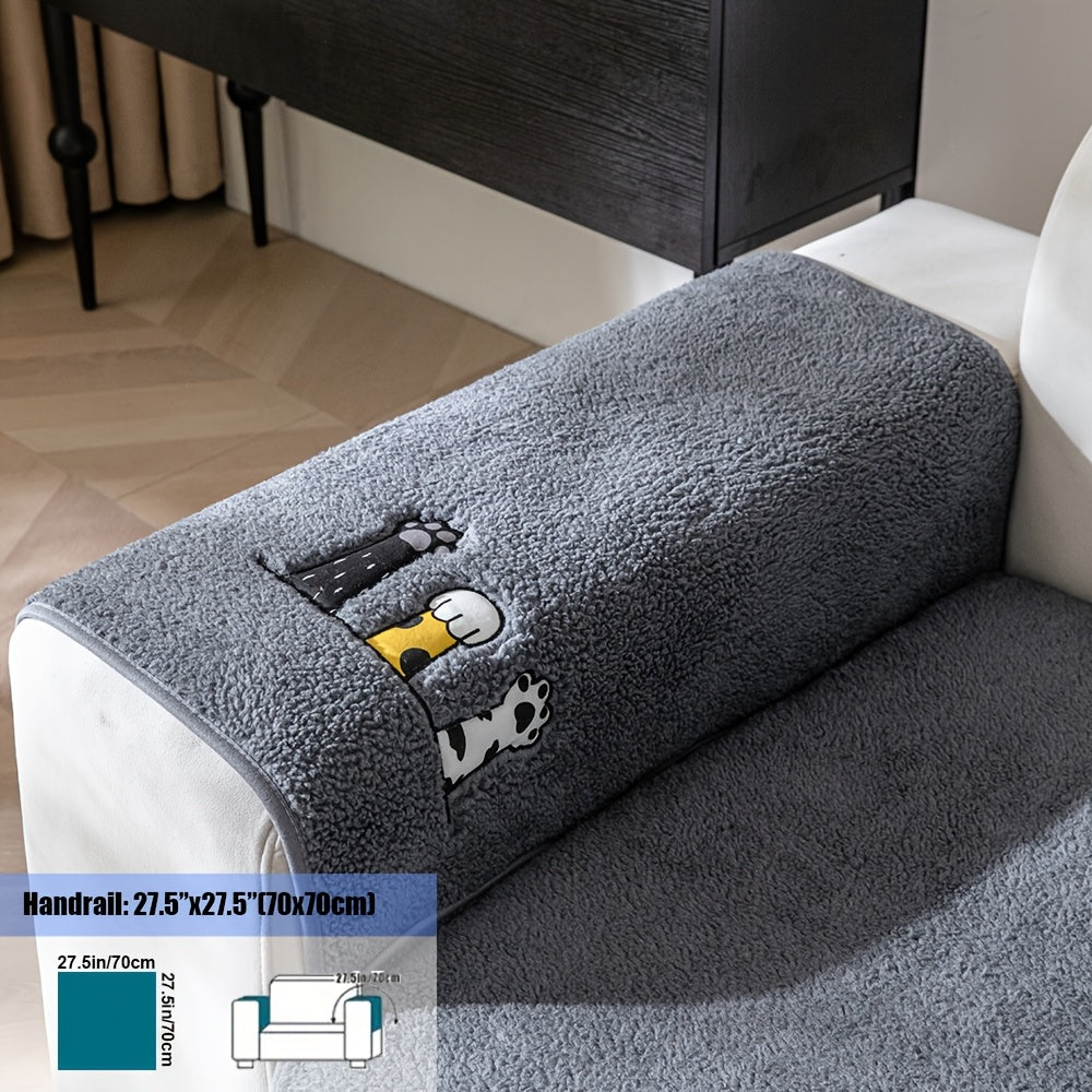 Sofa Cover, Sherpa Plush Cat-Paw Embroidered Seat Pad with Backing Detail in Four Colors and Seven Sizes