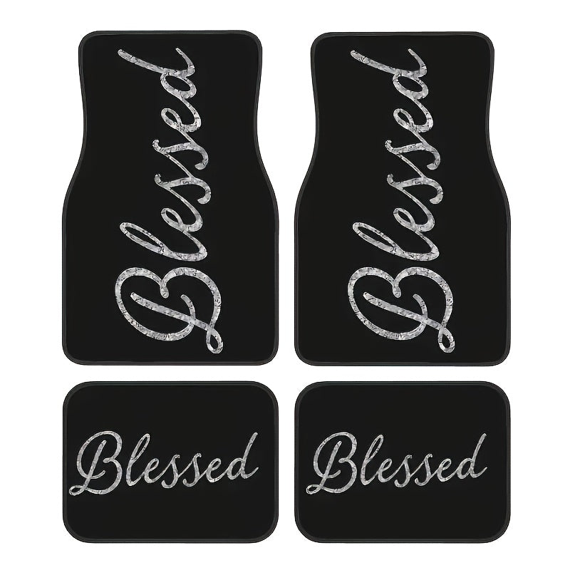 Blessed Script Car Floor Mats with Black Printed Surfaces in Two- or Four-Piece Set Options