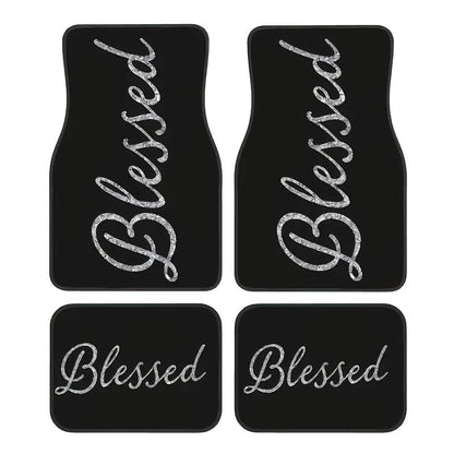 Blessed Script Car Floor Mats with Black Printed Surfaces in Two- or Four-Piece Set Options