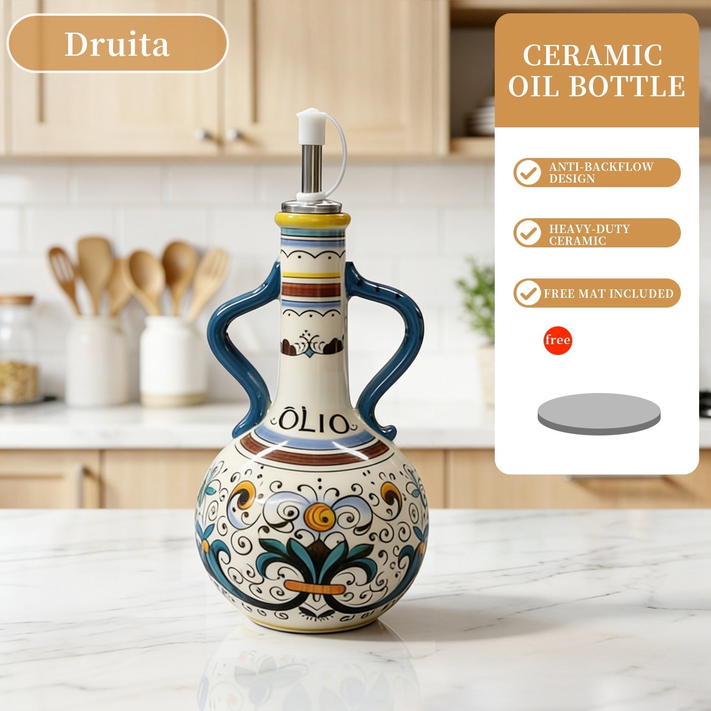 Ceramic Oil and Vinegar Dispenser Set Hand-Painted Underglaze Anti-Drip Leak-Proof Kitchen for Home Cooking, Dining and Outdoor Meals