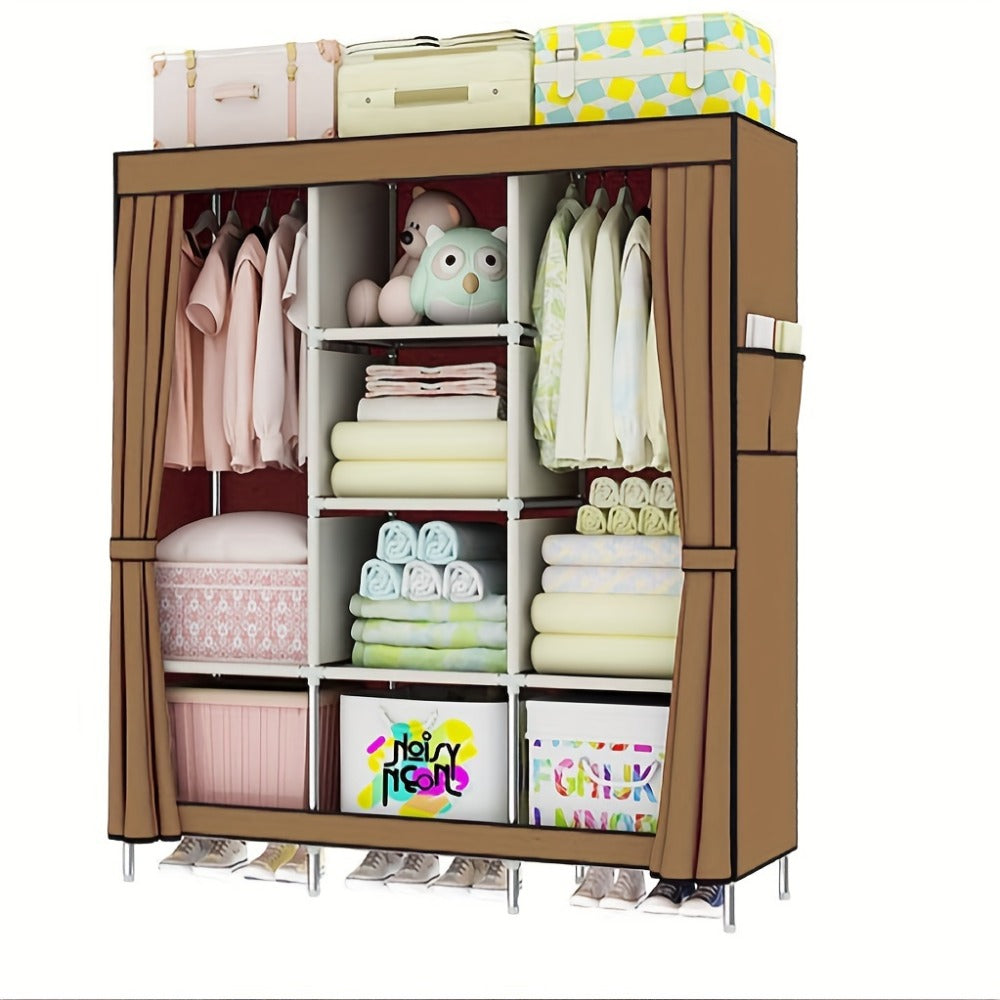 Portable Wardrobe Closet with Steel Frame & Non-Woven Shelves, Dustproof Clothes Storage Organizer