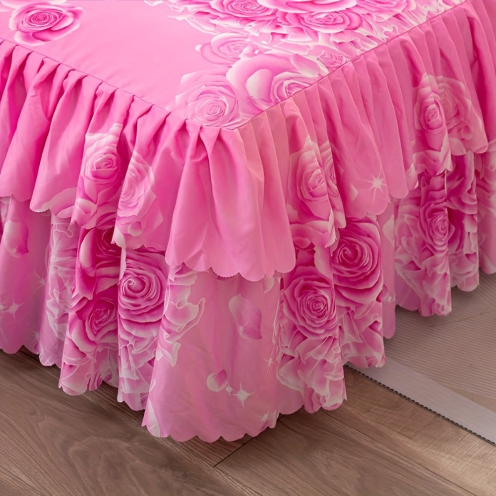 Floral Bed Skirt Set 3-Piece, 1 Ruffled Dust Ruffle Bed Skirt + 2 Pillowcases, Peony & Botanical Print