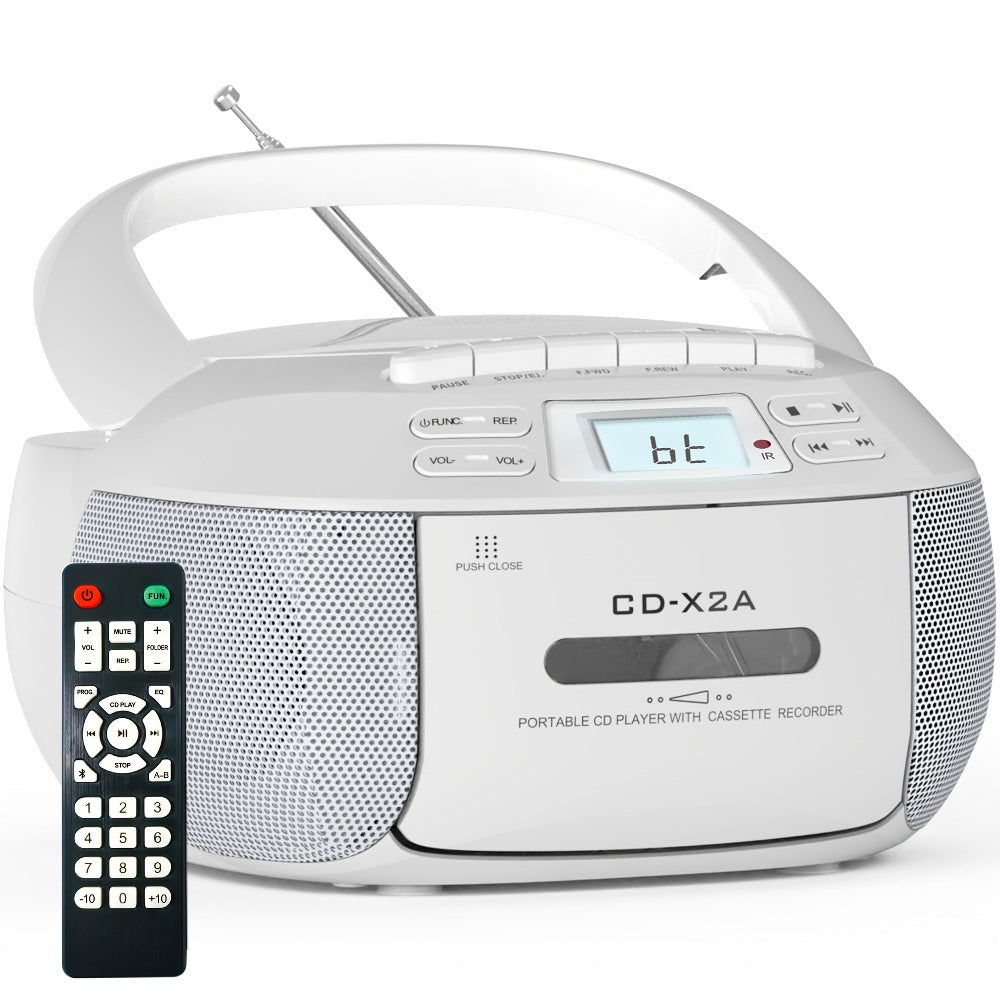 CD Cassette Player Boombox Combo with AM/FM Radio, Remote Control, LCD Display, AUX USB Earphone Jack