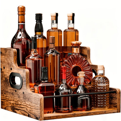 Wood Wine Rack 3 Tier Countertop Liquor Bottle Display Shelf | Solid Wood Bar Organizer for Whiskey Spirits Coffee Syrup Spices | Retro Mini