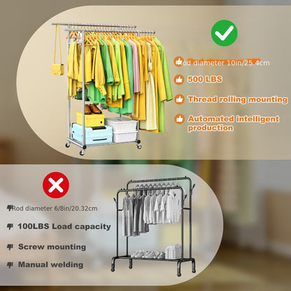 Portable Clothes Rack with Wheels, Double Rod Garment Rack with Shelves & Hooks, Metal Rolling Clothing Rack for Hanging Clothes