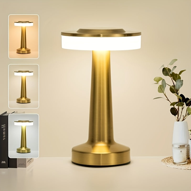 Table Lamp with Gold Metal Body, Rechargeable Battery, Touch Dimming and Three Color Temperatures