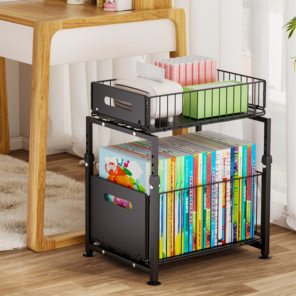 Under Sink Organizer 2-Tier Pull Out – Adjustable Height Carbon Steel Cabinet Storage Shelf for Kitchen and Bathroom