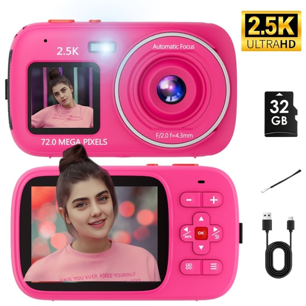 Digital Camera 2.5K Dual-Screen Compact with 72MP Capture Marking, Autofocus, Included 32GB Card and Four Colors