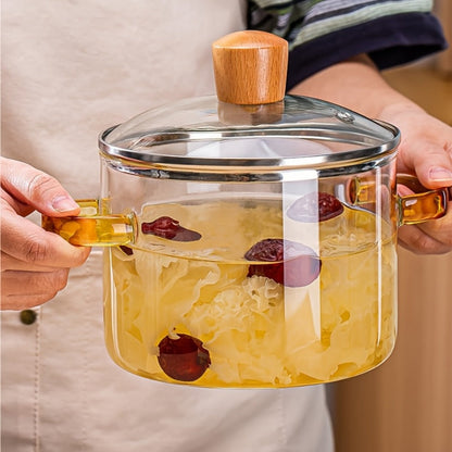 1.6L Transparent Glass Cooking Pot with Lid and Green or Yellow Side Handles for Soup, Noodles and Milk