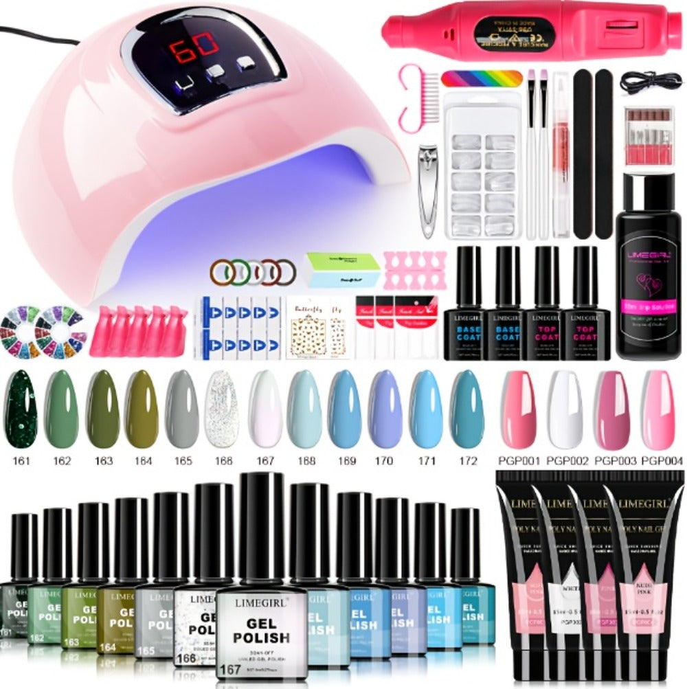 Gel Nail Polish Kit with UV Lamp & Electric Nail Drill – 12 Colors Gel Polish Set, Poly Extension Gel, Top &