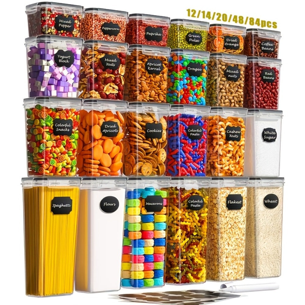 Pantry Jar Food Storage Organizer with Black Flip-Top Lids, Labels and Six Available Set Sizes
