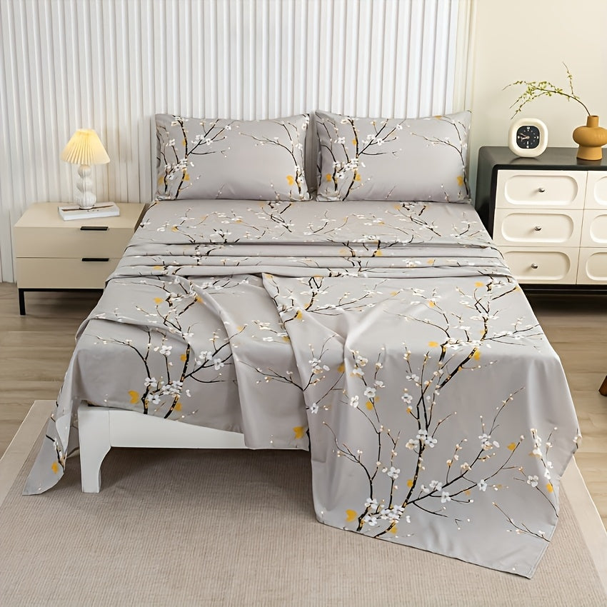 Bed Sheet Set 4-Piece Plum Blossom Floral Polyester with 15-Inch Pocket and Four Color Options