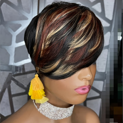 Synthetic Wig 4-Inch Layered Pixie with Bangs, Black-Blonde Look and Rose Net Cap for Daily Style