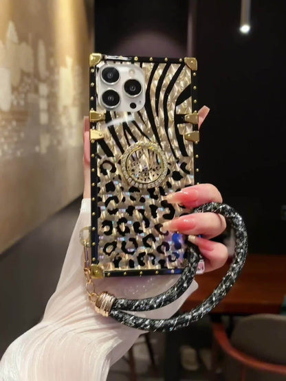 Leopard Print Samsung Galaxy Case Ring Holder Kickstand Anti-Drop Rectangular Cover for Galaxy S25 Ultra Plus S24 Ultra Plus FE S23 Ultra