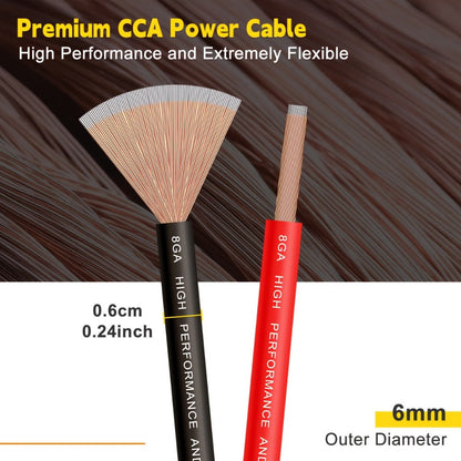 8 Gauge Car Audio Wire 50ft CCA – 25ft Red Power + 25ft Black Ground Cable, Flexible PVC Jacket, Anti-Oxidation