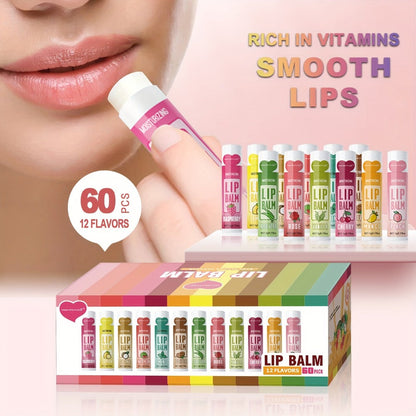 60-Piece Tube Lip Balm Set with 12 Pictured Flavor Labels in a Multicolor Display Box Assortment