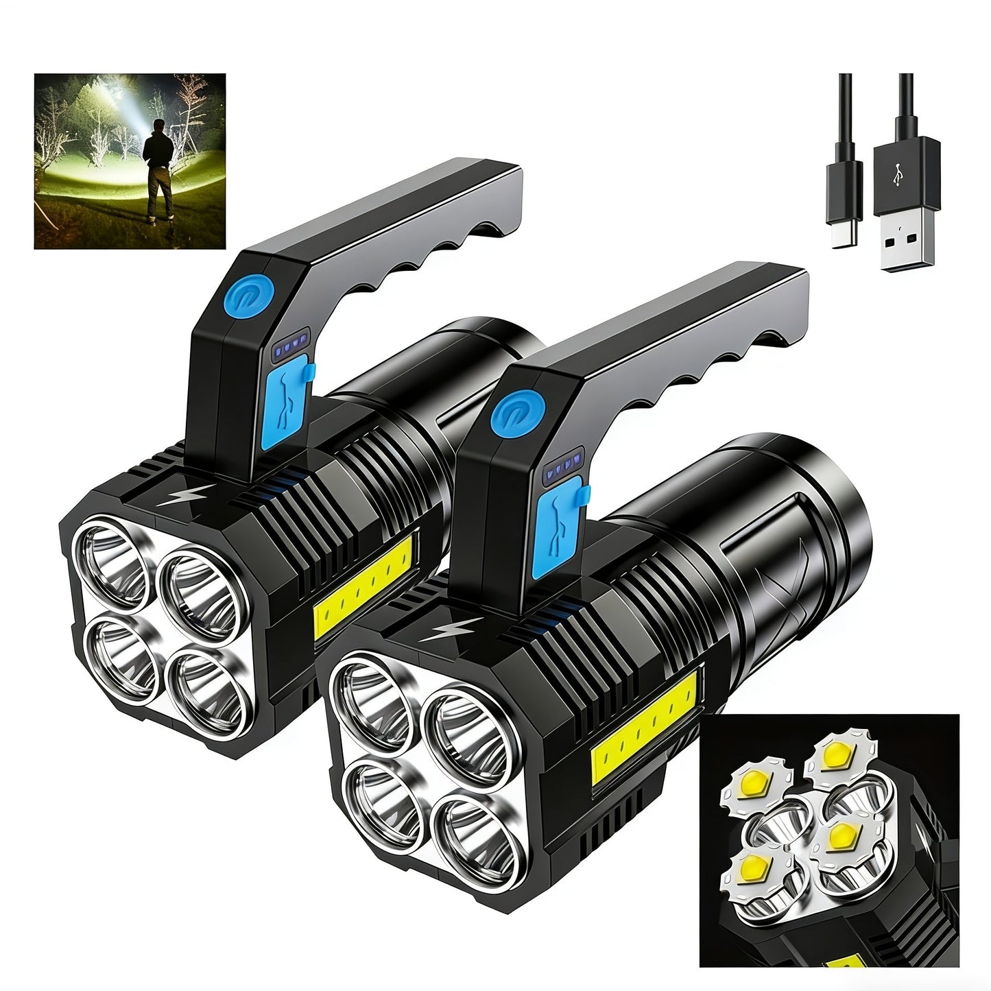 Flashlight 2-Pack Four-LED Handheld Searchlights with Four Modes, USB Charging and Power Display