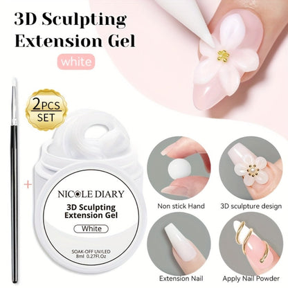 3D Sculpting Builder Gel Kit with Carving Pen – Clear & White Nail Extension Gel for Floral Nail Art, Acrylic Extensions & DIY Salon