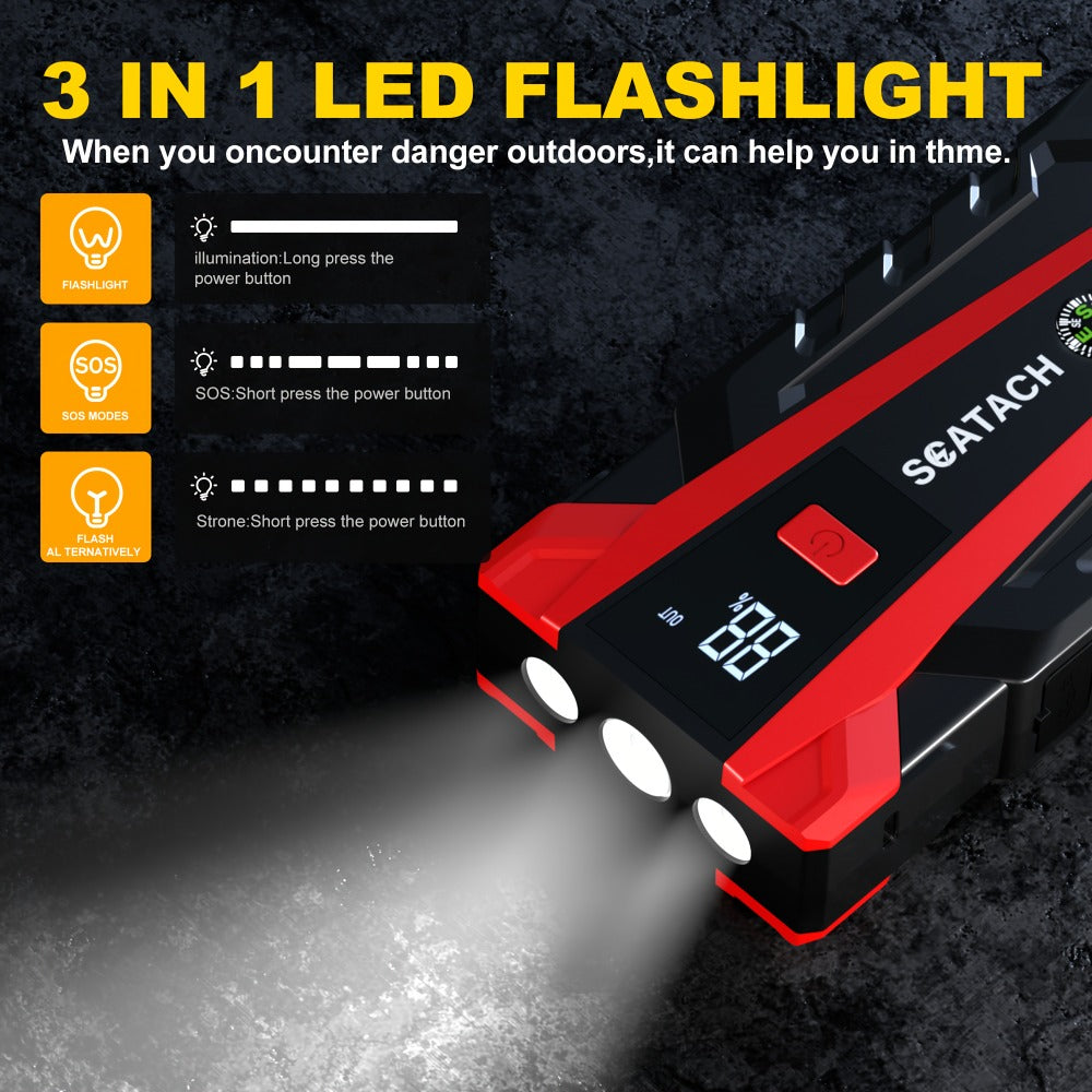 12V Jump Starter with Scatach-011 Base Model or Q27B Start-and-Inflation Package, Digital Display and Clamps