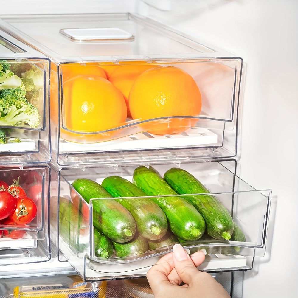 Stackable Fridge Organizer Bins with Drawer, Refrigerator Storage Containers with Drain Board & Ventilation