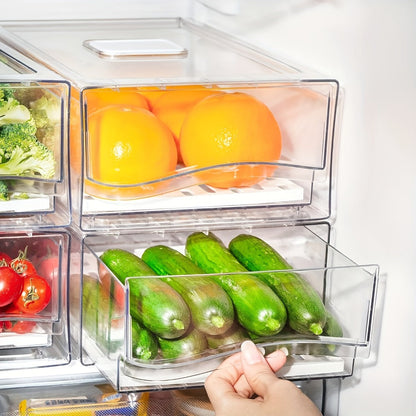Stackable Fridge Organizer Bins with Drawer, Refrigerator Storage Containers with Drain Board & Ventilation