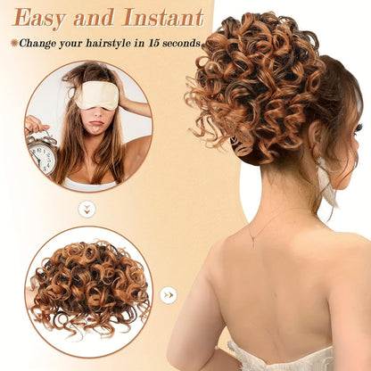 Drawstring Messy Bun Hair Extension 80g Curly Ponytail Voluminous Loose Bun Hairpiece for Women Thinning Hair Natural Look Black Brown