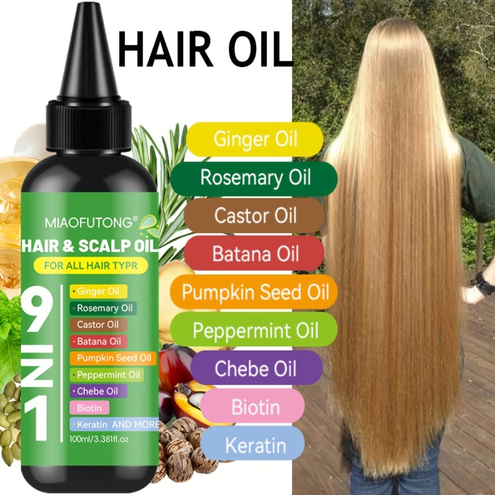 Hair Care Oil 9-in-1 with Turmeric, Rosemary, Castor Oil & Biotin – Deep Hydration, Frizz Control & Smoothness, Plant-Based Squalane