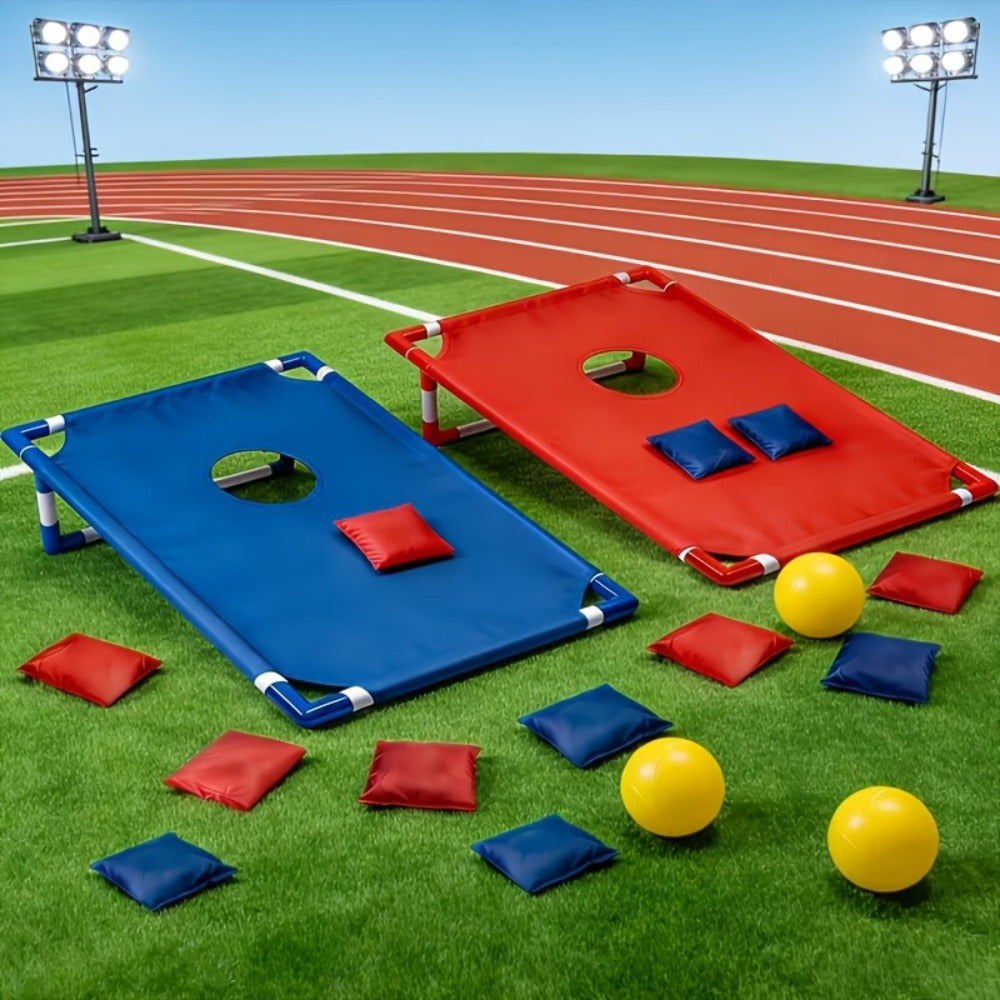 Portable Cornhole Game Set for Outdoor, 2 Boards with 12 Bean Bags & Storage Bag, Blue & Red