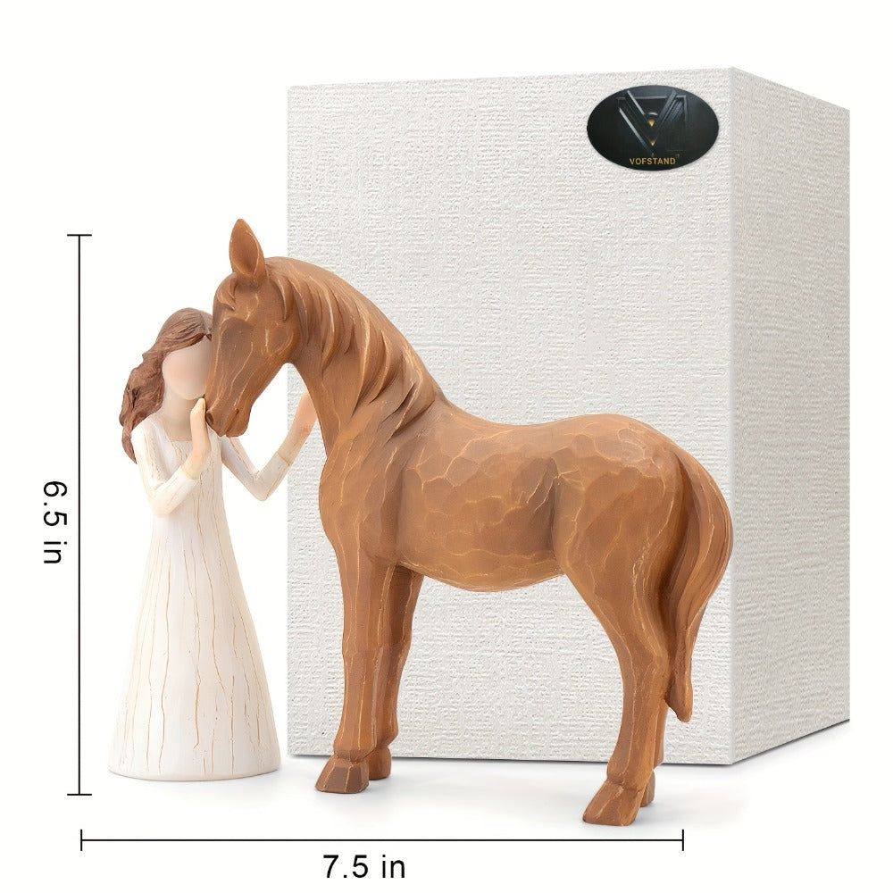 Horse Figurine Gift for Girls Women Hand-Painted Resin Girl with Horse Sculpture Cowgirl Equestrian for Garden, Patio and Yard Use