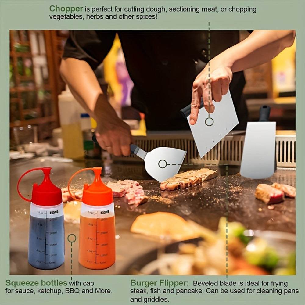BBQ Grill Tool Set 8/17pcs, Teppanyaki Meat Press & Barbecue Accessories for Outdoor Camping, Kitchen & Parties
