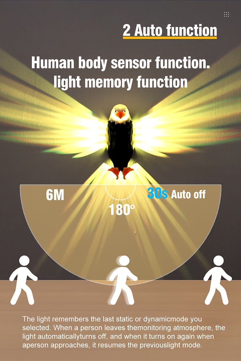 Eagle LED Wall Lamp, Colorful Ambient Night Light with Motion Sensor, Rechargeable Battery