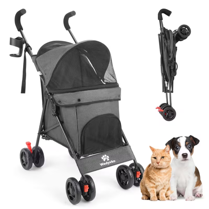 Pet Stroller for Small Dogs & Cats | Foldable Travel Dog Stroller, Portable Puppy Cat Pram with 4 Wheels, Canopy & Storage Basket