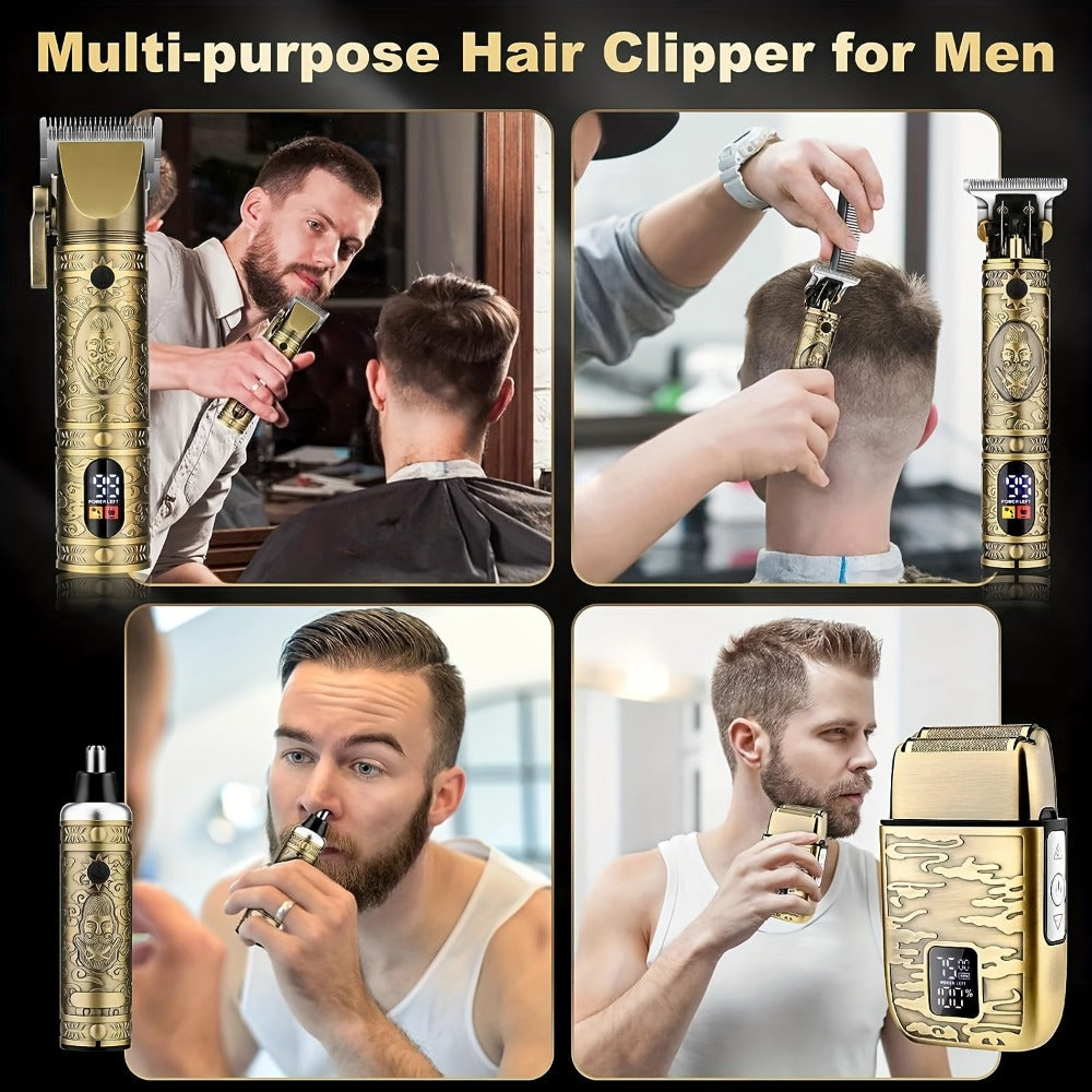 Cordless Hair Clipper & Trimmer Kit for Men – Professional Rechargeable Grooming Set, Golden Edition, Wireless Fade Clipper with USB Charge