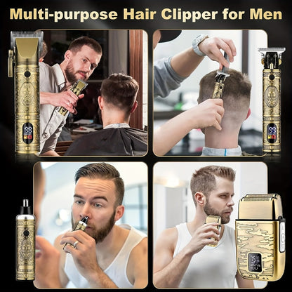 Cordless Hair Clipper & Trimmer Kit for Men – Professional Rechargeable Grooming Set, Golden Edition, Wireless Fade Clipper with USB Charge