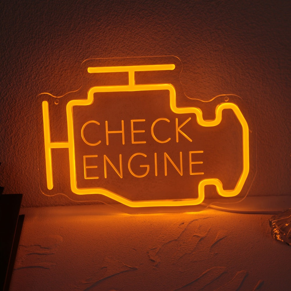 Check Engine Neon Sign – LED Dimmable USB Powered Neon Light for Garage Wall Decor, Car Repair Shop, Workshop, Man Cave, Game Room