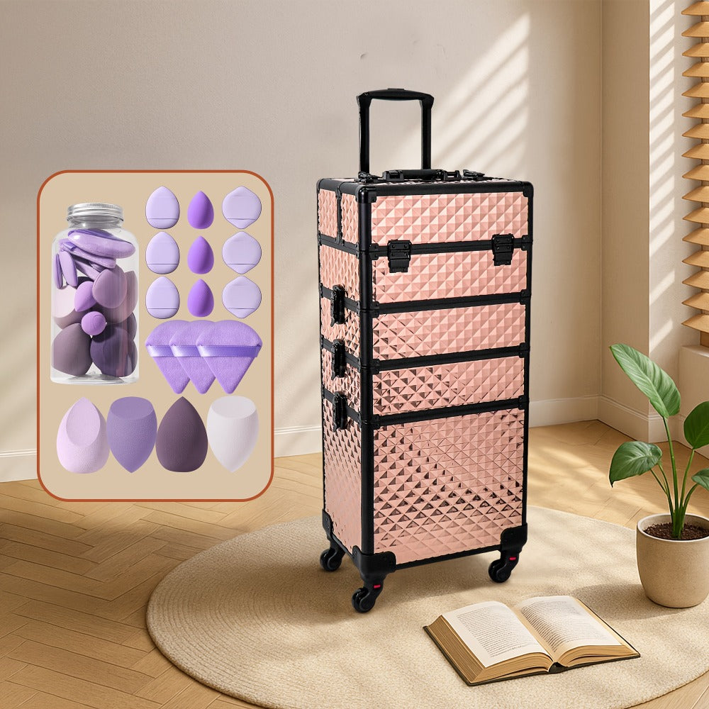 Rolling Makeup Train Case 4-in-1 Large Portable Cosmetic Trolley with 360 Degree Swivel Wheels Beauty Sponge Included Professional Salon
