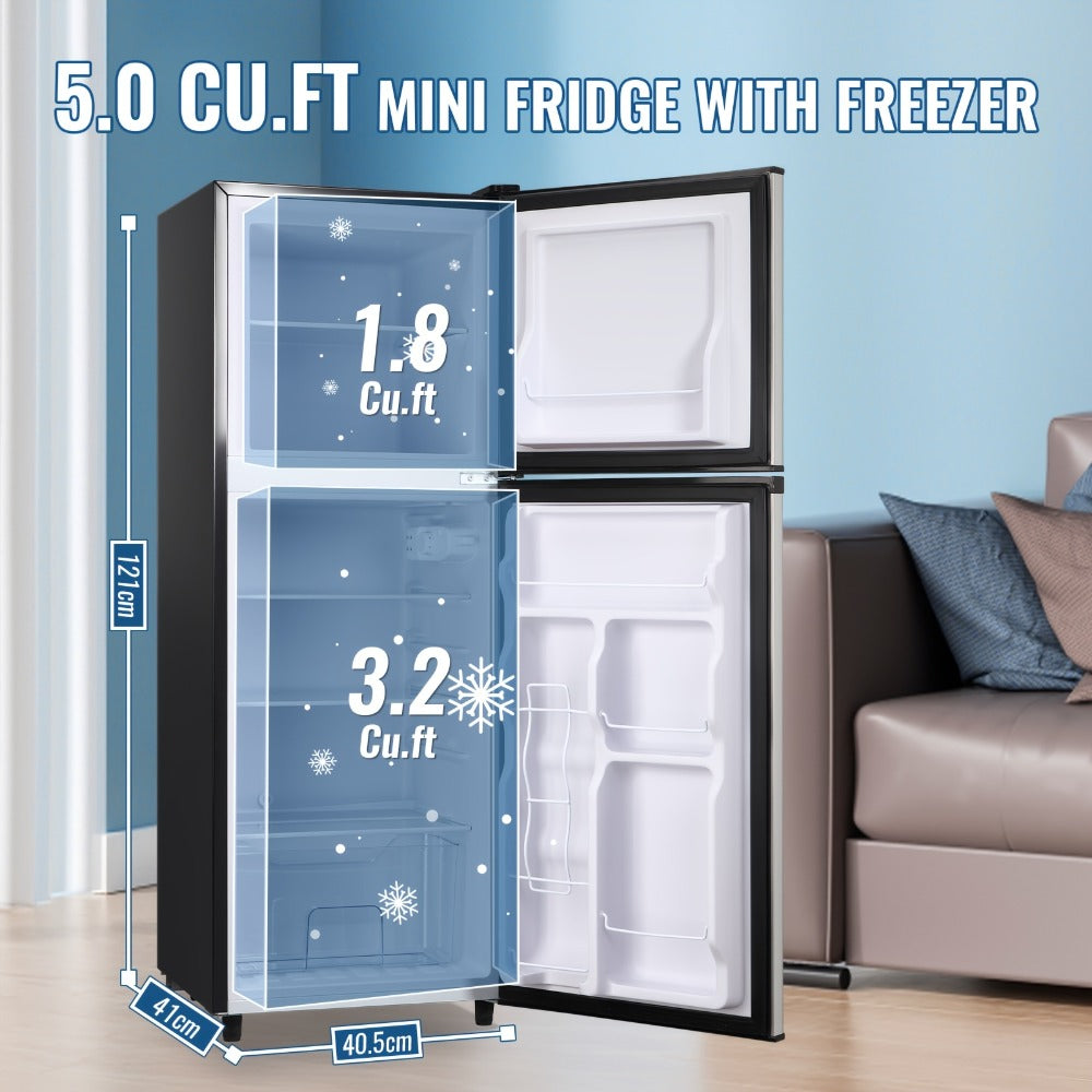 Small Fridge with Freezer, 2-Door Compact Refrigerator with 7-Level Adjustable Thermostat, Removable Shelves & Basket