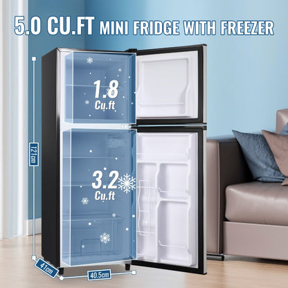 Small Fridge with Freezer, 2-Door Compact Refrigerator with 7-Level Adjustable Thermostat, Removable Shelves & Basket