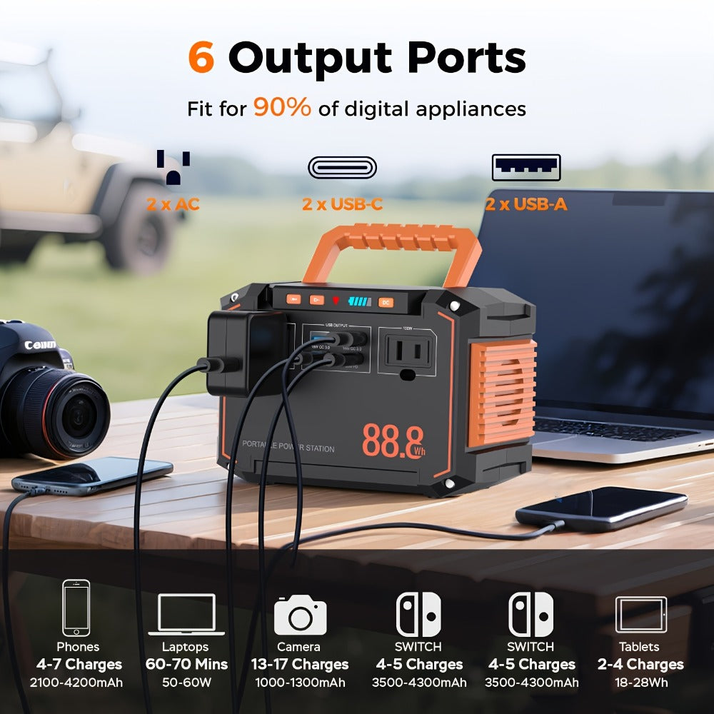 Portable Solar Generator Power Station 88.8Wh / 240Wh – 24000mAh, AC DC USB Ports, LiFePO4 Battery, for Camping RV CPAP Laptop Fan Emergency