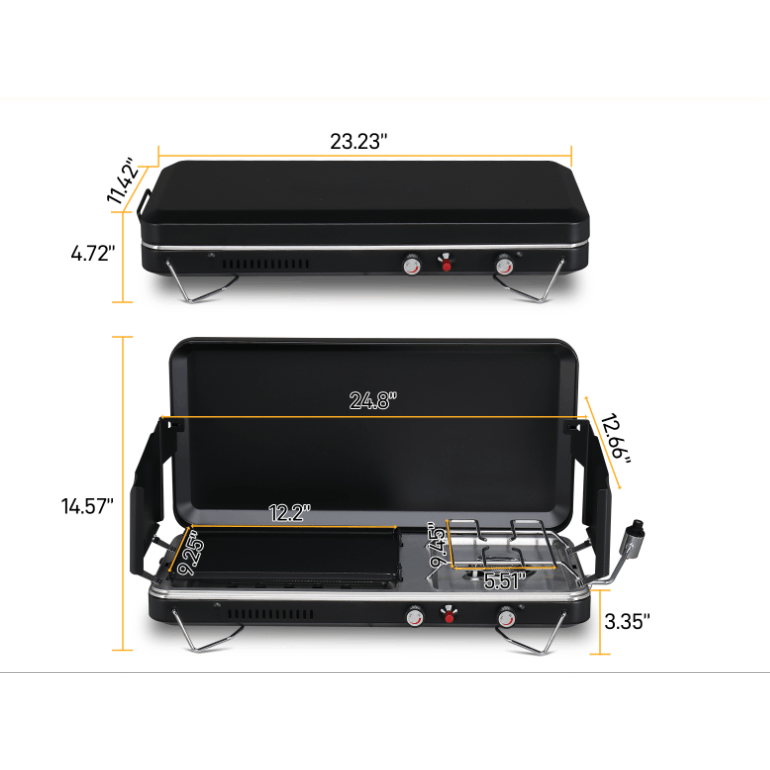Portable Propane Griddle and Burner Camping Stove with Four Color Labels and 23.23-Inch Closed Width