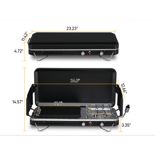 Portable Propane Griddle and Burner Camping Stove with Four Color Labels and 23.23-Inch Closed Width