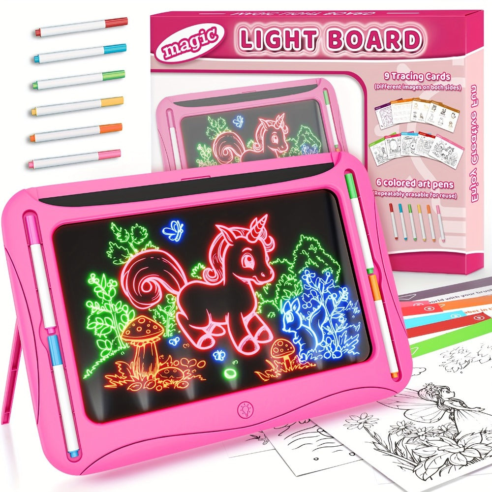 LED Light Up Drawing Board for Kids, 9 Double-Sided Tracing Cards 6 Markers Glow Doodle Travel Art Toy for Girls Boys Ages 3-8