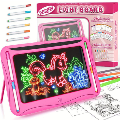 LED Light Up Drawing Board for Kids, 9 Double-Sided Tracing Cards 6 Markers Glow Doodle Travel Art Toy for Girls Boys Ages 3-8